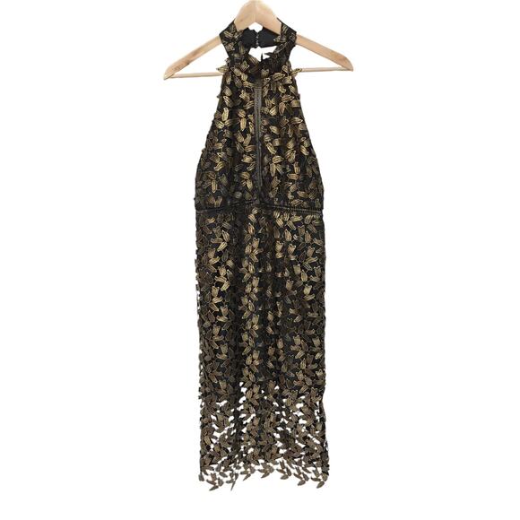Bardot Halter Top Sheath Dress with Metallic Gold Leaf Overlay size 8 - Picture 1 of 16